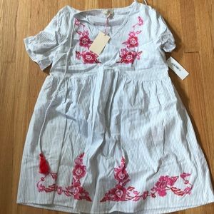 Linen striped w/ embroidery detail dress